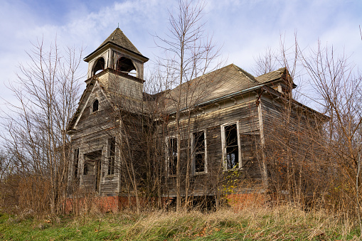 Old abandoned schoolhouse in rural Illinois.  Elmira, Illinois, USA