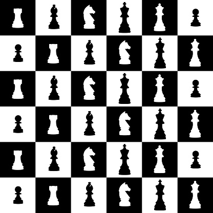 Vector seamless pattern of chess pieces on a chess board.