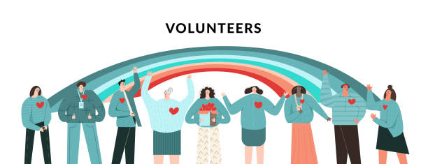 Volunteers community concept  Group of diverse people and Rainbow  Flat vector cartoon illustration Volunteers community concept. Group of diverse people volunteers. Rainbow as symbol of hope, help, charity and support. Teamwork, network and unity. Flat vector cartoon illustration isolated on white senior citizen day stock illustrations