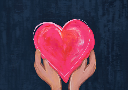 Acrylic painting of hands holding a pink red heart on a blue textured background. Concept of love and care. valentine day. friendship, relationship, charity and volunteering. Mixed media. My own work.
