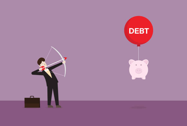 A businessman hit a debt balloon with an arrow Bankrupt, Loan, Crisis, Financial planning, Aiming, Cash flow, Piggy bank debt ceiling stock illustrations