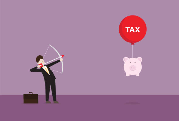 ilustrações de stock, clip art, desenhos animados e ícones de a businessman hit a tax balloon with an arrow - tax poverty men currency