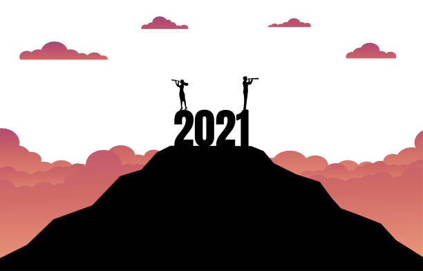 Businessman and woman with a binocular standing on the top of the mountain Silhouette of business success concept in the new year 2021. Businessman and woman with a binocular standing on the top of the mountain with sunset background. Business and target in the new year binoculars silhouettes stock illustrations