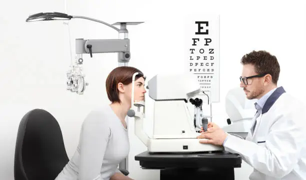 Photo of optometrist examining eyesight  patient in optician office on white background