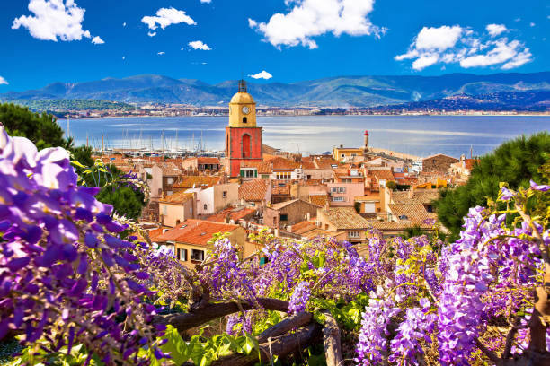 Saint Tropez village church tower and old rooftops view