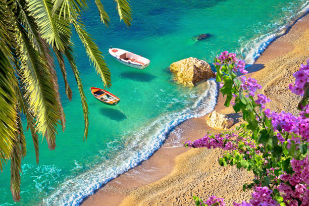 Idyllic Cote d'Azur sand beach aerial view, Villefranche sur Mer, France