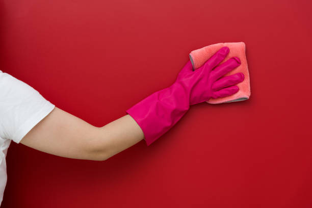 istock Woman hand cleaning red wall with rag 1289667015