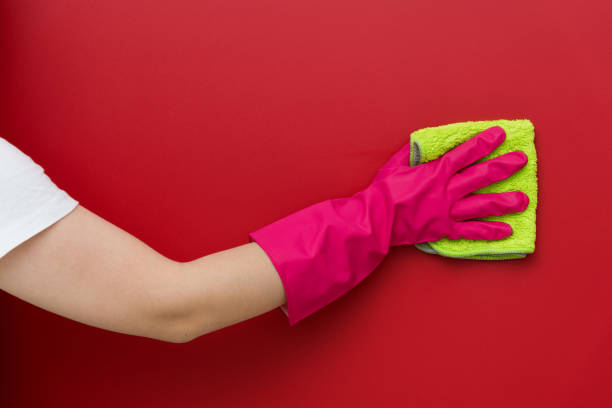 istock Woman hand cleaning red wall with rag 1289667582