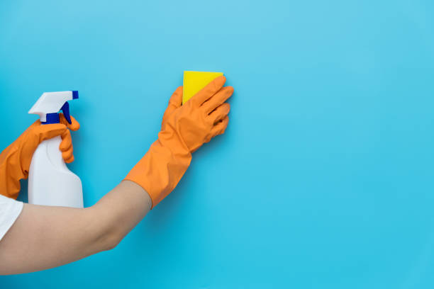 istock Woman hand cleaning blue wall with sponge 1289668367