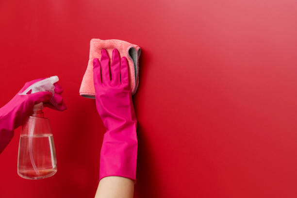 istock Woman hand cleaning red wall with rag 1289668373
