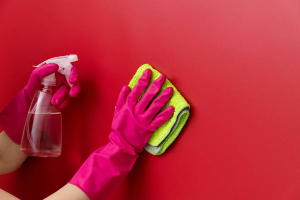 istock Woman hand cleaning red wall with rag 1289668431