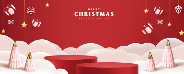 с рождеством христовым баннер с продуктом дисплей цилиндрической формы и праздничное украшение для рождества - christmas 3d stock illustrations