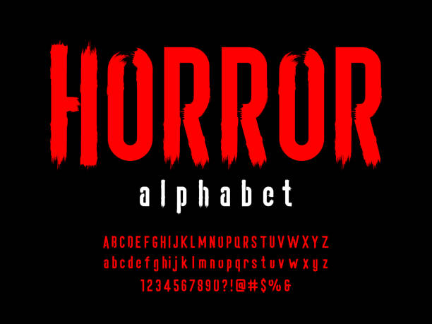 horror font Vector of stylized horror alphabet design with uppercase, lowercase, numbers and symbols horror stock illustrations
