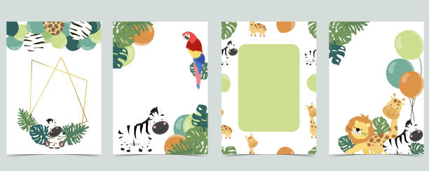 Green collection of jungle frame set with leaf,leaves,parrot,balloon vector illustration for birthday invitation,postcard and sticker Green collection of jungle frame set with leaf,leaves,parrot,balloon vector illustration for birthday invitation,postcard and sticker bedroom borders stock illustrations