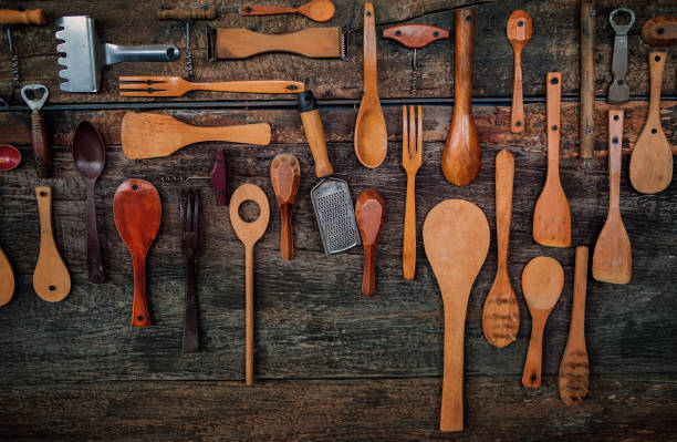istock Wooden Kitchen Utensils decorated on old wood background 1289681373