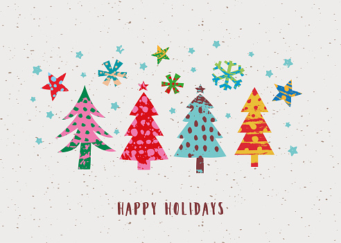 Vector greeting card featuring cute Christmas trees made with hand-painted textures and funky stars and snowflakes. Minimalist and naive cute style.