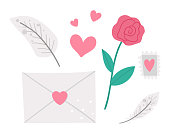 Vector set of Saint Valentine day symbols. Collection of cute objects with love concept. Letter, feather, rose and hearts isolated on white background. Playful February holiday illustration