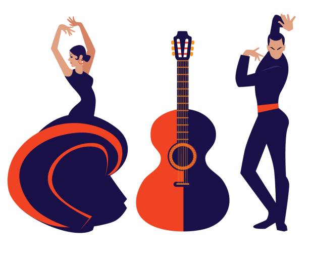 ilustraciones, imágenes clip art, dibujos animados e iconos de stock de mujer y hombre bailando flamenco con ilustración vectorial de guitarra - computer graphic image women national landmark
