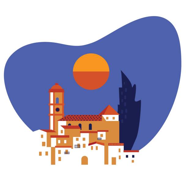 ilustrações, clipart, desenhos animados e ícones de andaluz velha cidade branca com ilustração vetorial do céu azul - spain tower town square andalusia