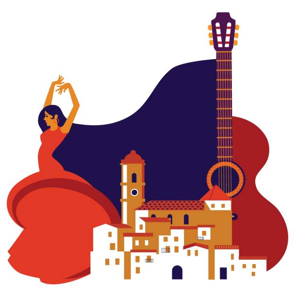 ilustraciones, imágenes clip art, dibujos animados e iconos de stock de mujer en vestido rojo bailando flamenco con la noche ciudad española y guitarra - computer graphic image women national landmark