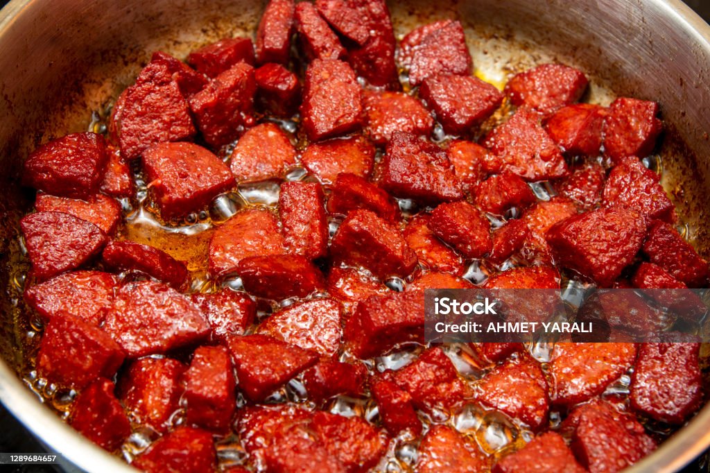 Breakfast with fried turkish sucuk, fried sausage, stock photo Processed Meat Stock Photo