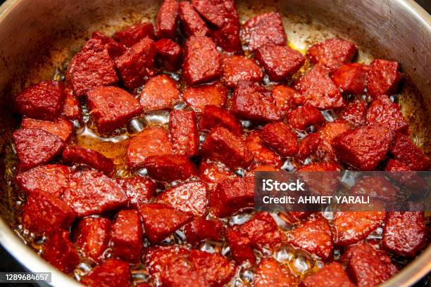 Breakfast With Fried Turkish Sucuk Fried Sausage Stock Photo Stock Photo - Download Image Now