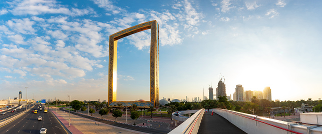 Dubai, United Arab Emirates - November 26, 2020: Panoramic view at Dubai Frame and Zabeel park in Al Karama neighborhood of Dubai in the UAE . The frame is 150 meters high and 93 meters wide and its new Dubai attraction