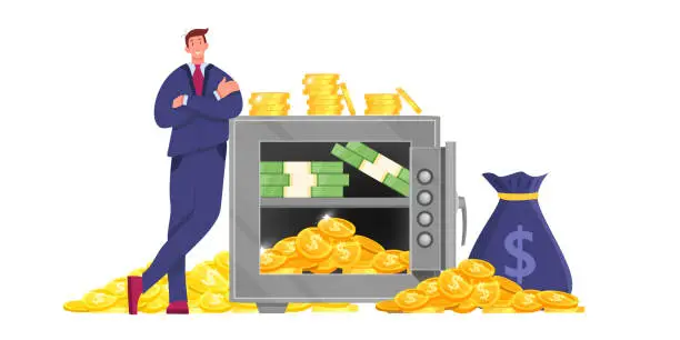 Vector illustration of Metal bank safe finance vector illustration with successful trader, opened strongbox,dollar bills, pile of golden coins.