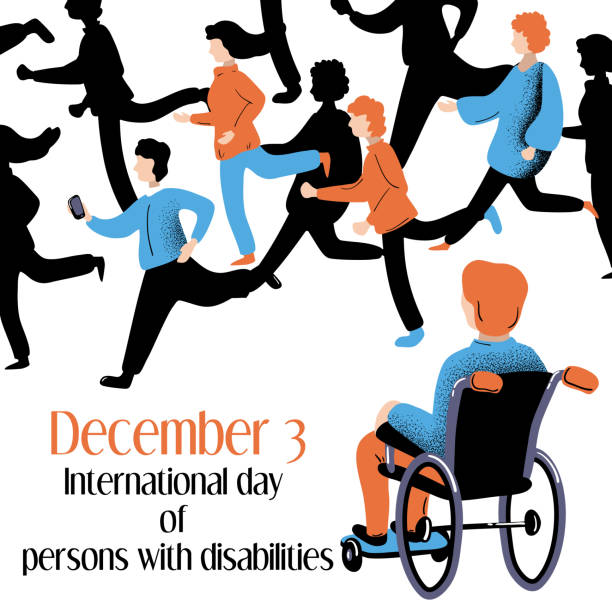 障害者の国際デースクエアバナーテンプレート。車椅子の障害者は、健康な人が走っているのを見る。12月3日 障害者の日。車椅子の男性 - maraphon点のイラスト素材／クリップアート素材／マンガ素材／アイコン素材