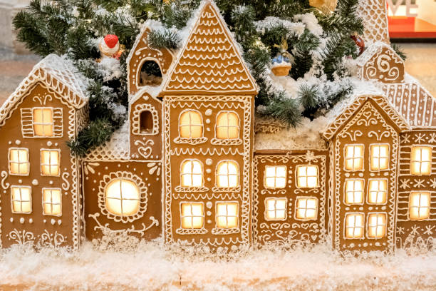 jul pepparkakor hus står i rad semester bakgrund - pepparkakshus bildbanksfoton och bilder