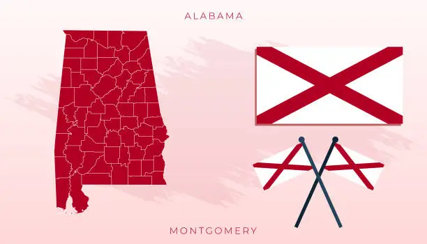 Vector illustration of National map of Alabama, Vector flag of Alabama, Alabama map