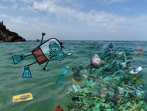 Hand drawn Cartoon Scuba man Diving near a Big pile of Garbage, on Ocean photo - collage