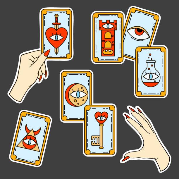 illustrations, cliparts, dessins animés et icônes de logo pour un lecteur de tarot, imprimer pour des souvenirs, un ensemble de dessins sur la carte de tarot. fortune racontant sur les cartes de tarot, diseur de bonne aventure, sorcière, main féminine, magie, sort d’amour, occultisme, prédiction, ésot� - medium group of objects illustrations