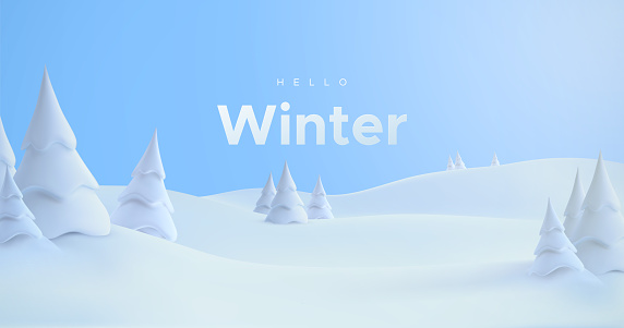 Hello Winter. Vector 3d illustration. Winter landscape with snowdrifts and snowy fir trees. Seasonal nature background. Frosty snow hills. Season decoration