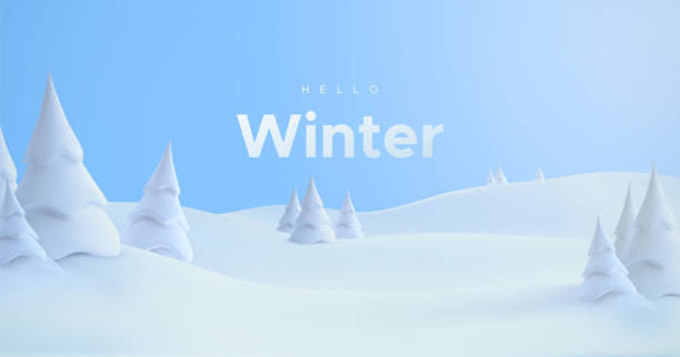 Hello Winter. Snowy landscape Hello Winter. Vector 3d illustration. Winter landscape with snowdrifts and snowy fir trees. Seasonal nature background. Frosty snow hills. Season decoration snow stock illustrations