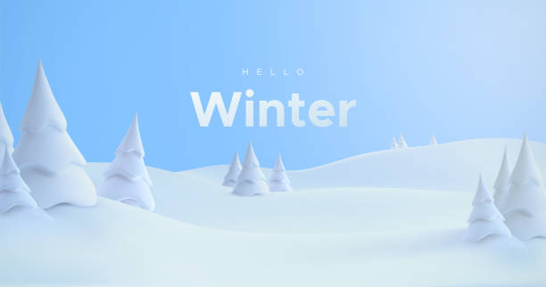 Hello Winter. Snowy landscape Hello Winter. Vector 3d illustration. Winter landscape with snowdrifts and snowy fir trees. Seasonal nature background. Frosty snow hills. Season decoration hill cartoons stock illustrations