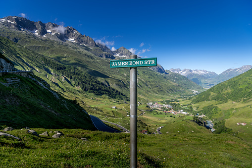 Furkapass, Switzerland - July 4, 2020: James Bond Street sign on the way up to Furka Pass in Switzerland