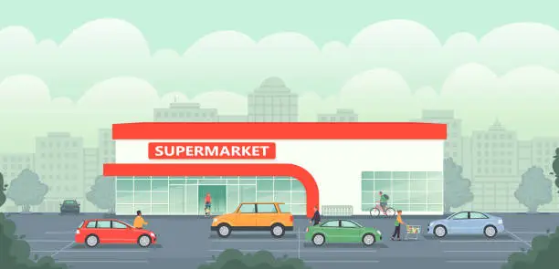 Vector illustration of Supermarket building in the background of the city. Large grocery store with parking and cars. People shop for goods