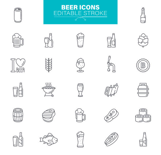 ilustraciones, imágenes clip art, dibujos animados e iconos de stock de stroke editable de iconos de cerveza - conjunto de iconos de línea de barras - empty brewery