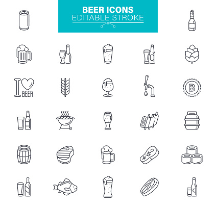 Beer brewing set. Beer ingredients, beer glasses and containers, line icons, BBQ, vector illustration, Editable Icon Set