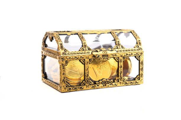 istock Treasure box with gold coin isolated on white background 1289704580