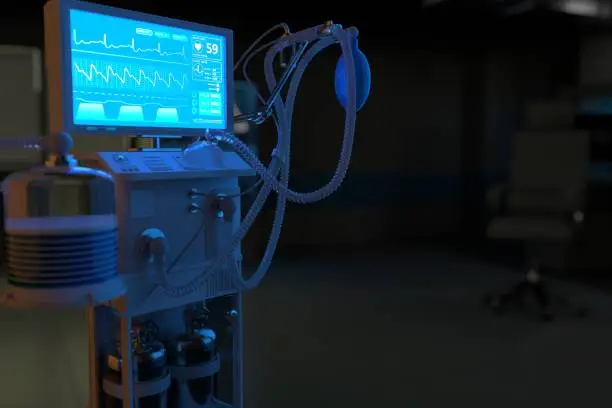 Medical 3D illustration, ICU artificial lung ventilator with fictive design in night hospital with bokeh - stop coronavirus concept