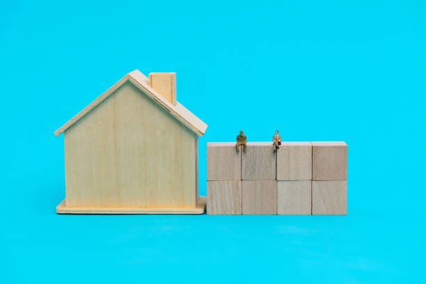 House model and toy block on blue background.