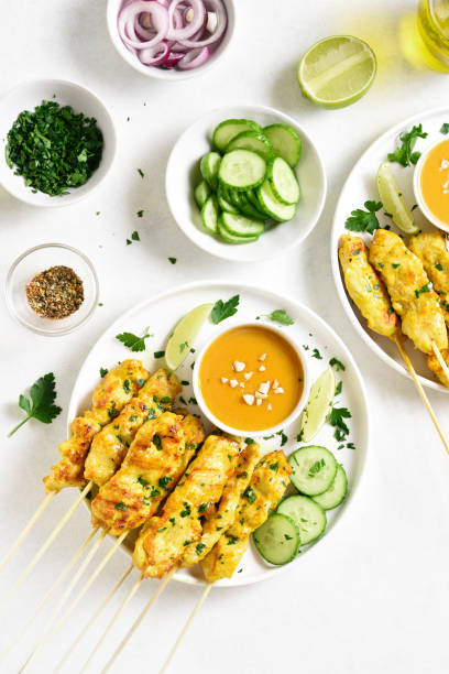 istock Grilled chicken skewers served 1289708696