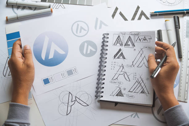 istock Graphic designer drawing sketch design creative Ideas draft Logo product trademark label brand artwork. Graphic designer studio Concept. 1289709422