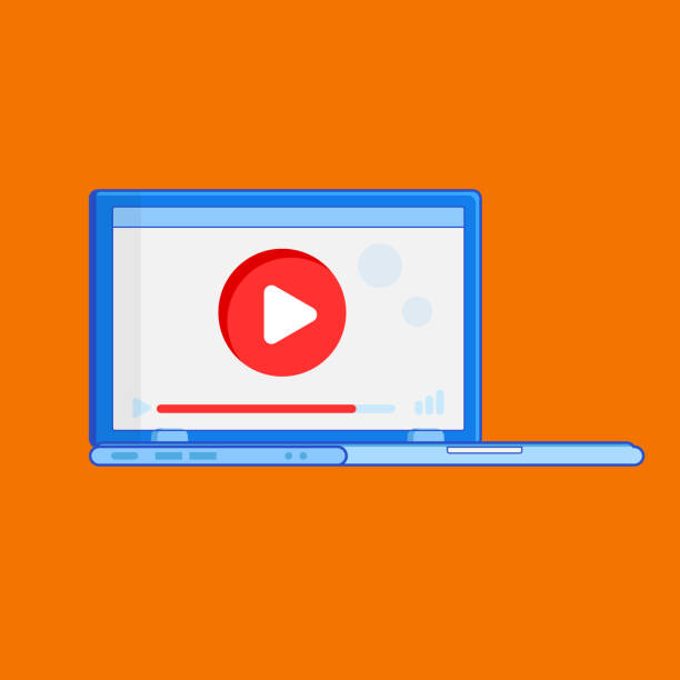 istock Trendy illustration of a smart computer for watching live video over the Internet on orange background, flat lay style. Video lessons concept. 1289709807