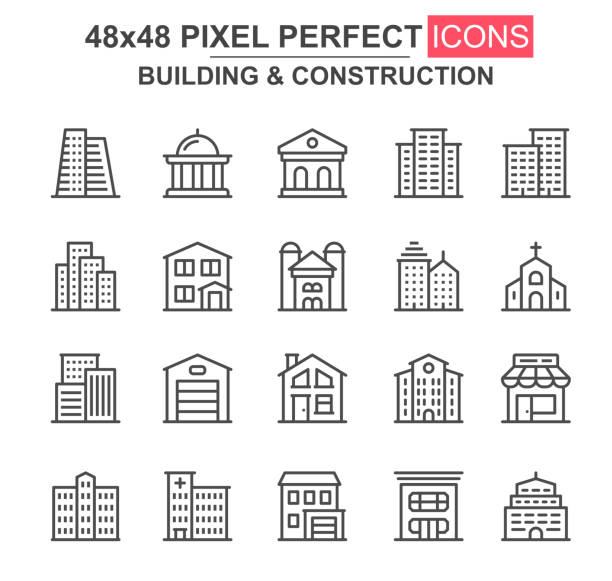 建物と構築細線アイコンセット。教会、カフェ、博物館、オフィスセンター、超高層ビル、クリニックのユニークなアイコン。ui ux 設計用のアウトライン ベクター バンドル。48x48ピクセルパ - pixel perfect点のイラスト素材／クリップアート素材／マンガ素材／アイコン素材