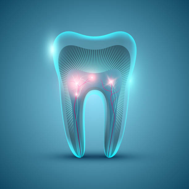 istock Abstract futuristic tooth structure on blue background, dental banner design 1289712729