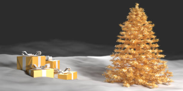 istock golden christmas tree in the snow next to gift boxes 1289720893