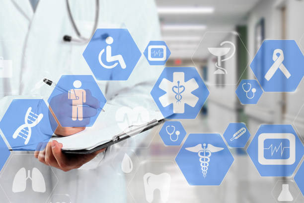 istock Medical network connection on the virtual touch screen and Doctor with stethoscope in hospital background.Technology and medicine concept. 1289720954